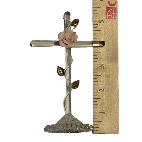Glass Cross with Pink Rose & Leaves Home Decor Cake Topper Religion Church - Picture 6 of 6
